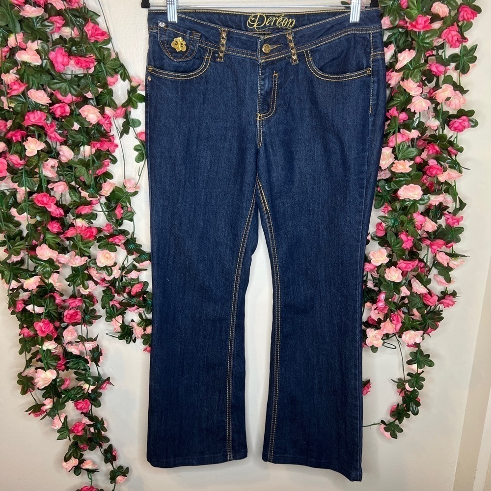 Dereon Dark Wash Gold Detailing Bootcut Jeans Women’s 9/10 Blue Denim Stretch